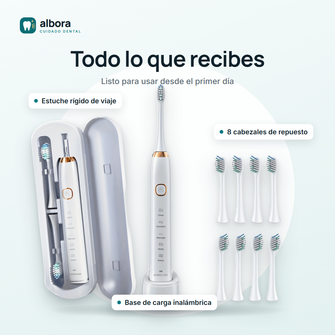 Contenido de la caja: cepillo, estuche de viaje, 8 cabezales y base de carga